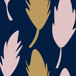 pink and gold feathers on blue background - large