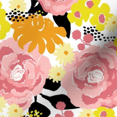 Vintage Floral - Pink & Yellow on White