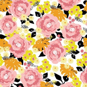 Vintage Floral - Pink & Yellow on White