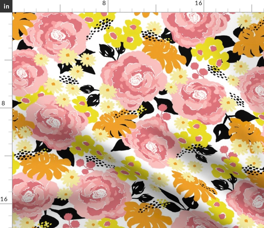 Vintage Floral - Pink & Yellow on White