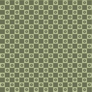 Small daisies on gingham check summer plaid seventies retro style in olive green
