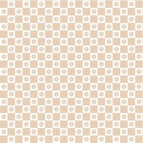 Small daisies on gingham check summer plaid seventies retro style in camel sand