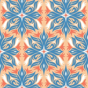 Retro flowers foliage Wallpaper blue peach