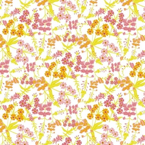 cottage florals in coral, orange and yellow on a white background