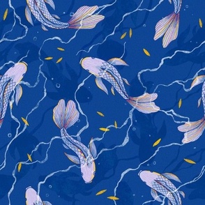 Japanese pond with koi fish. Blue