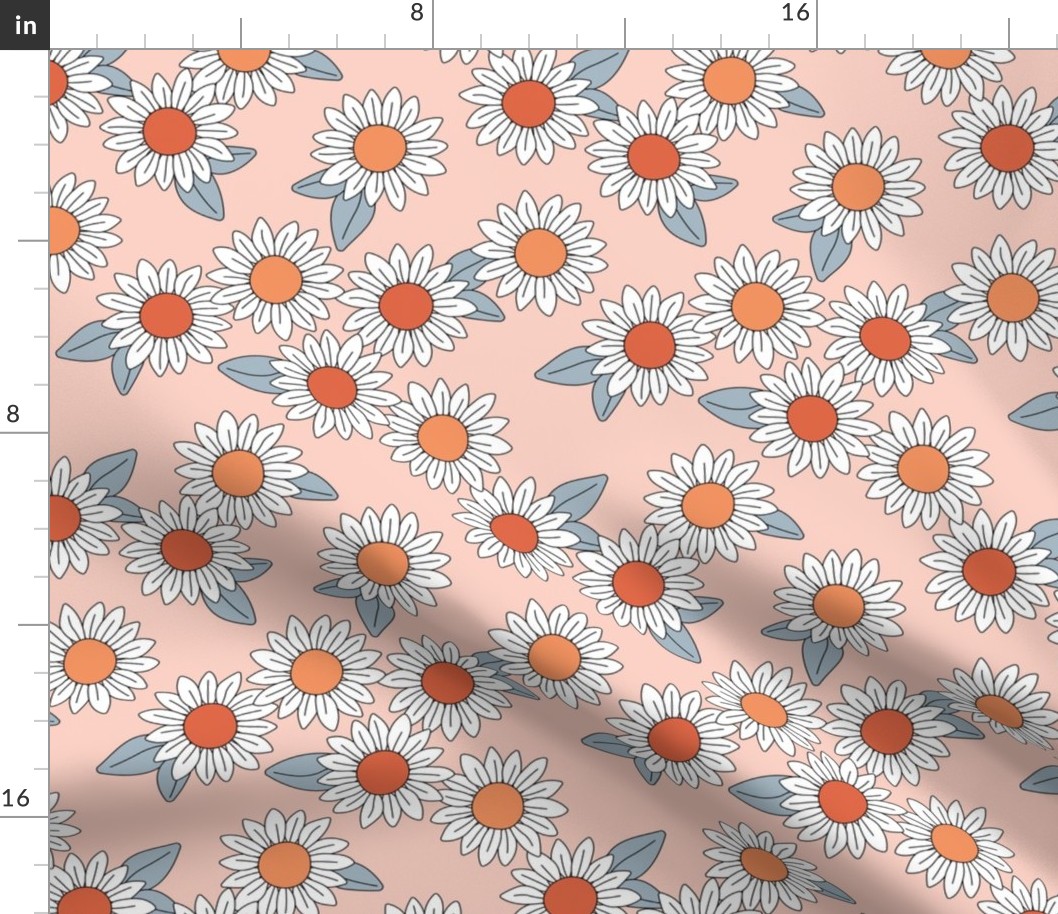 Daisy garden blossom summer floral design pastel white orange blue on blush pink