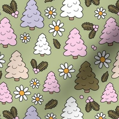 Christmas trees and daisies - seasonal nineties retro holidays design olive pink lilac green on sage