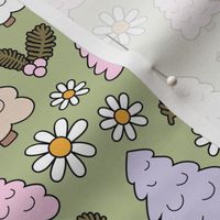 Christmas trees and daisies - seasonal nineties retro holidays design olive pink lilac green on sage