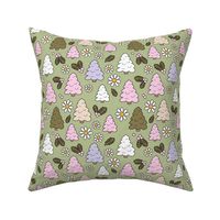 Christmas trees and daisies - seasonal nineties retro holidays design olive pink lilac green on sage