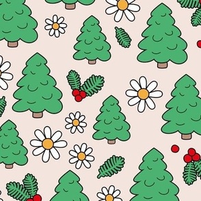 Christmas trees and daisies - seasonal nineties retro holidays design apple green on nude sand