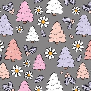 Christmas trees and daisies - seasonal nineties retro holidays design seventies gray blush pink lilac girls palette