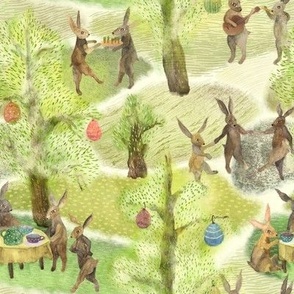 Forest party of hare on the green