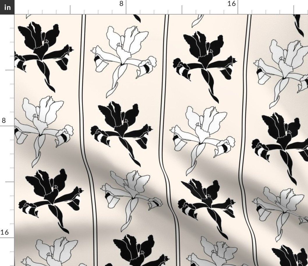 Oriental Iris Panels - black and white on cream beige, medium