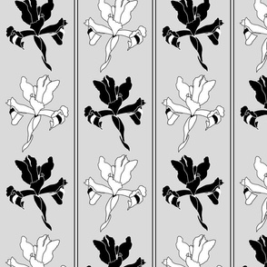 Oriental Iris Panels - black and white on silver grey, medium