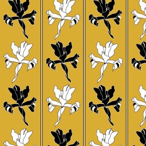 Oriental Iris Panels - black and white on antique gold, medium