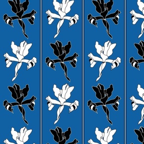 Oriental Iris Panels - black and white on ocean blue, medium