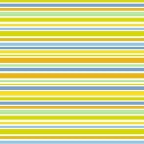 small | thin blue and yellow horizontal stripes with light green, mustard and chartreuse 