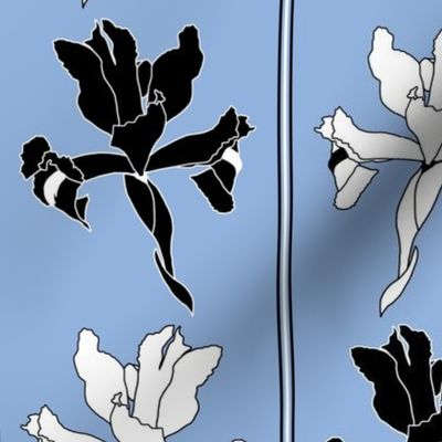 Oriental Iris Panels - black and white on cloud blue, medium