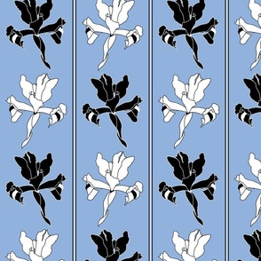 Oriental Iris Panels - black and white on cloud blue, medium