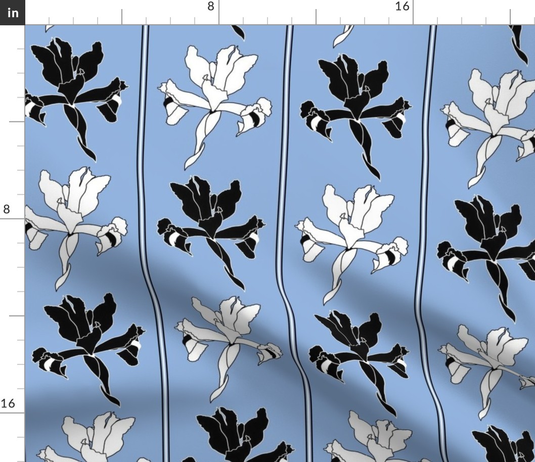 Oriental Iris Panels - black and white on cloud blue, medium