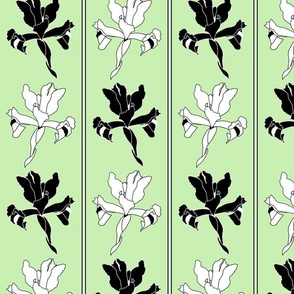 Oriental Iris Panels - black and white on honeydew green, medium