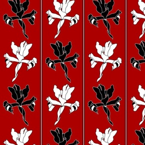 Oriental Iris Panels - black and white on garnet red, medium