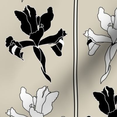 Oriental Iris Panels - black and white on greige, medium