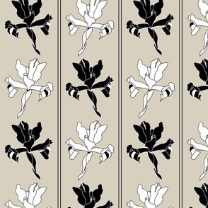 Oriental Iris Panels - black and white on greige, medium