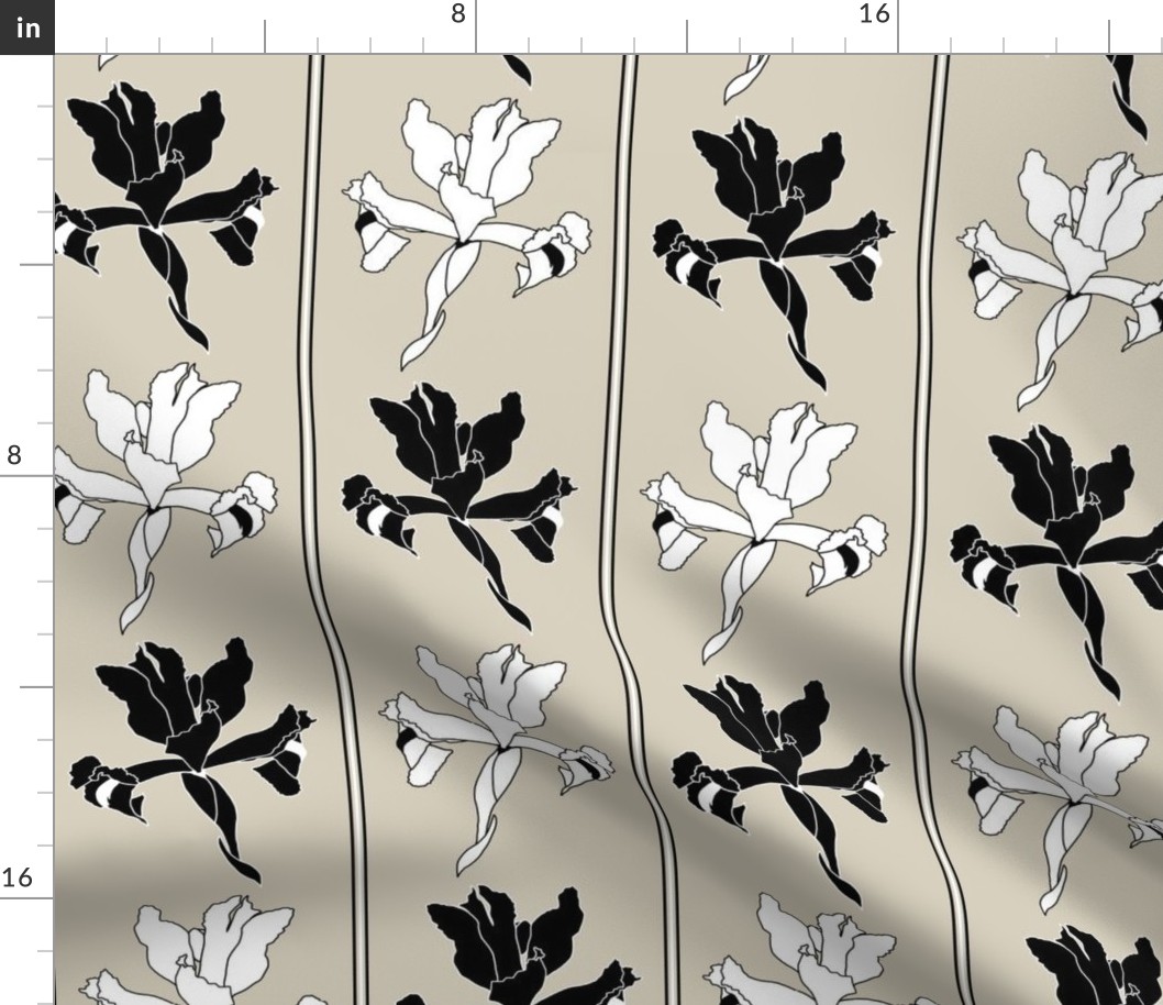 Oriental Iris Panels - black and white on greige, medium