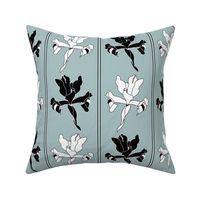 Oriental Iris Panels - black and white on soft teal, medium