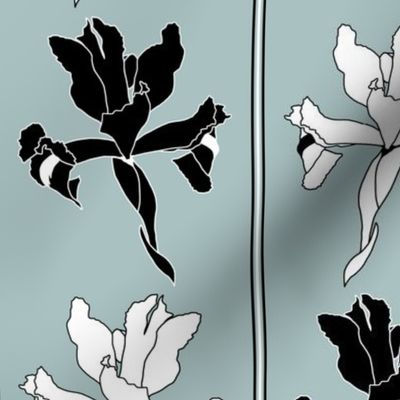 Oriental Iris Panels - black and white on soft teal, medium