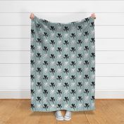 Oriental Iris Panels - black and white on soft teal, medium