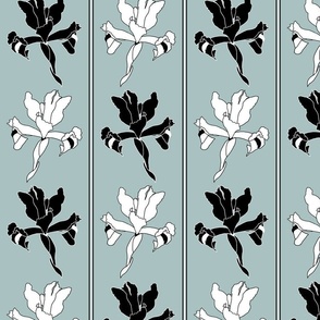 Oriental Iris Panels - black and white on soft teal, medium