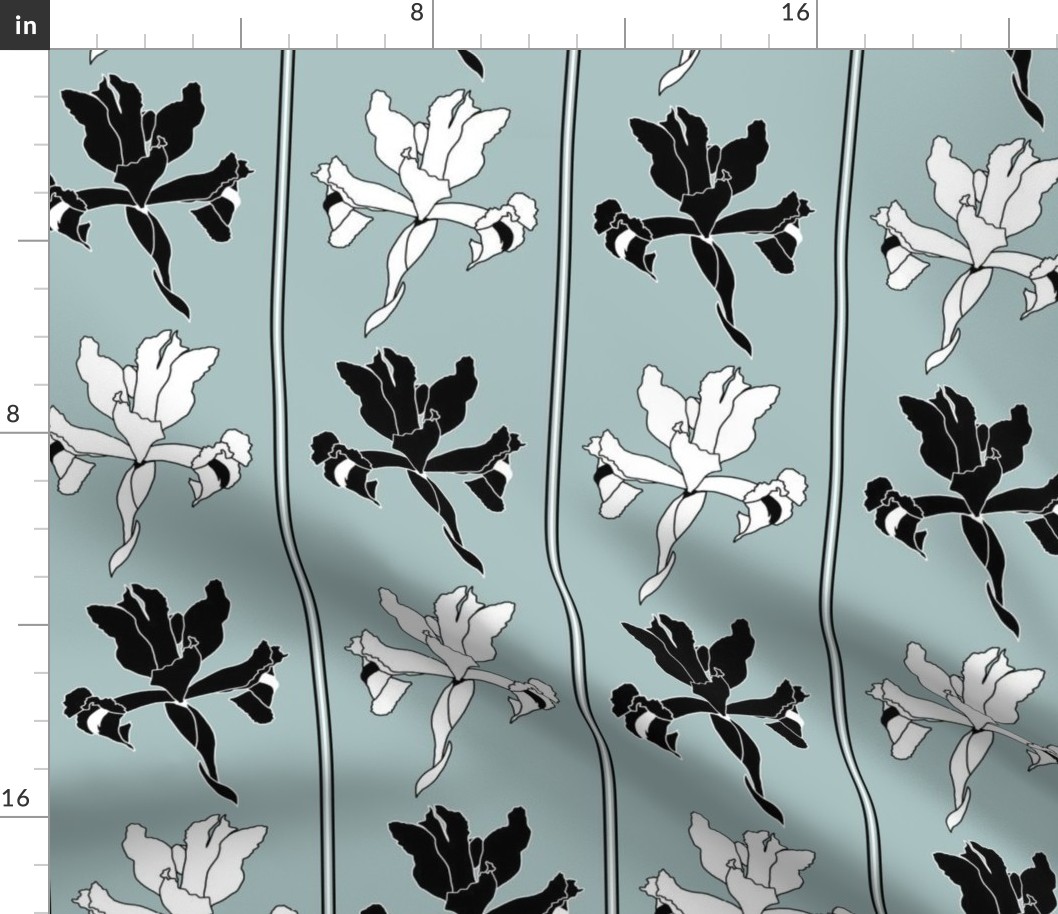 Oriental Iris Panels - black and white on soft teal, medium