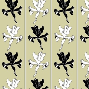 Oriental Iris Panels - black and white on soft khaki, medium