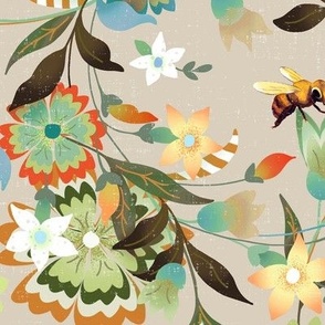 busy bee floral with khaki, orange, brown, green and teal