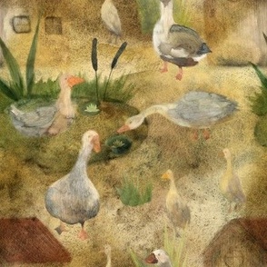 Geese_by_the_pond. Brown