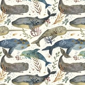 Watercolour whales on a beige background. Small