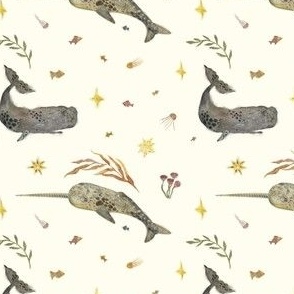 Narwhal and cachalot whale on beige background