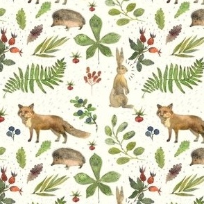 Watercolor forest animals. Hedgehog, hare and fox