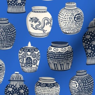 ginger jars/navy on bright blue/medium