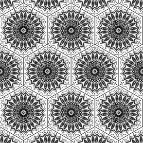 Monochrome hexagon tile with mandala. White