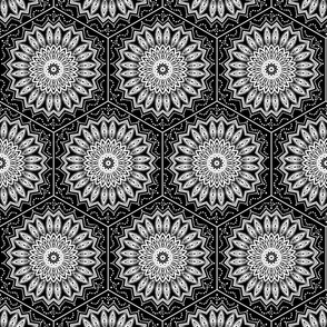 Monochrome hexagon tile with mandala. Black