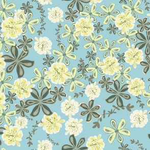 earthy boho blue yellow floral large scale