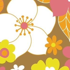 Sunshine garden - retro inspired floral - marigold, watermelon, lemon lime on brown - petal solid coordinates