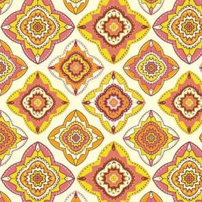 Sunshine Optimism, 6 inch, Medium Scale, Butter Yellow Background, Yellow, Orange, Pink, Maroon