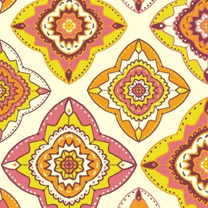 Sunshine Optimism, 24 inch, X-Large Scale, Butter Yellow Background, Yellow, Orange, Pink, Maroon