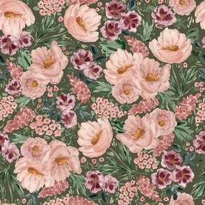 Medium - Margot Florals - Whimsical Nature-Inspired Watercolour Flower Blooms - Moss Green