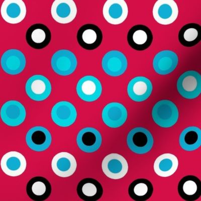Double Polka Dot Turquoise Blue and Black on Cherry Red
