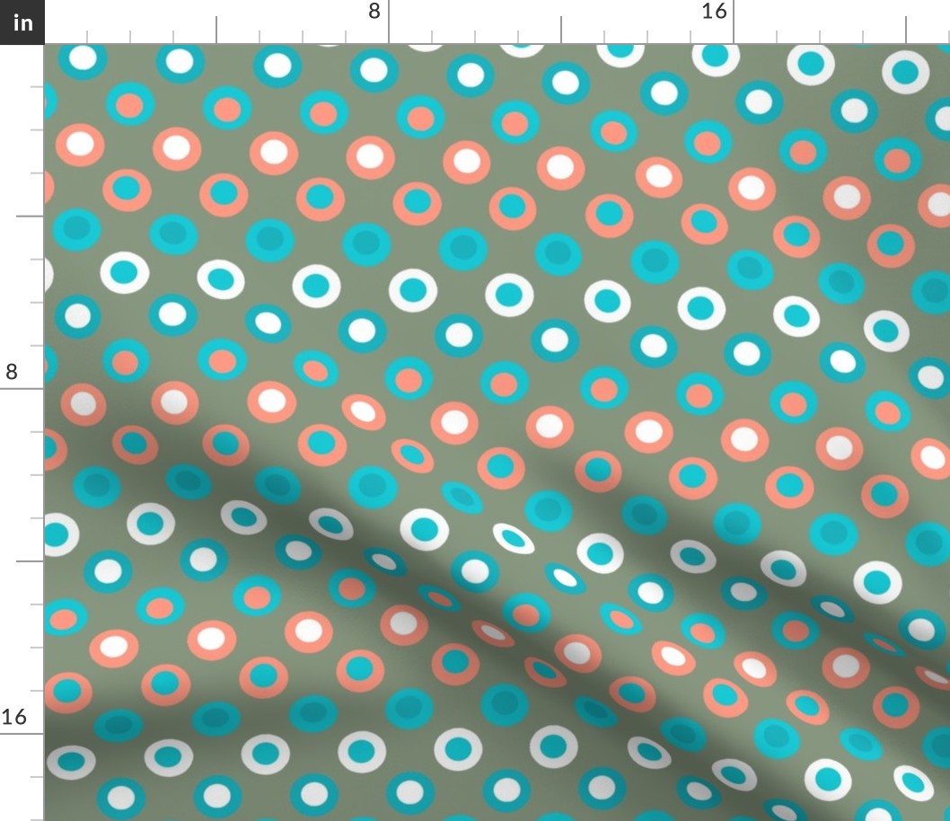 Double Polka Dot Turquoise Blue and Peach on Sage Green